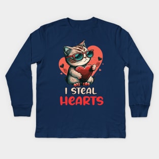 Funny Valentines day Saying - I Steal Hearts Valentine Day Gift For Cat Lovers Kids Long Sleeve T-Shirt